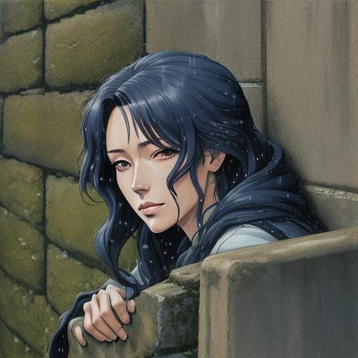 Miyazaki-esque Woman Sheltering from Rain in Village