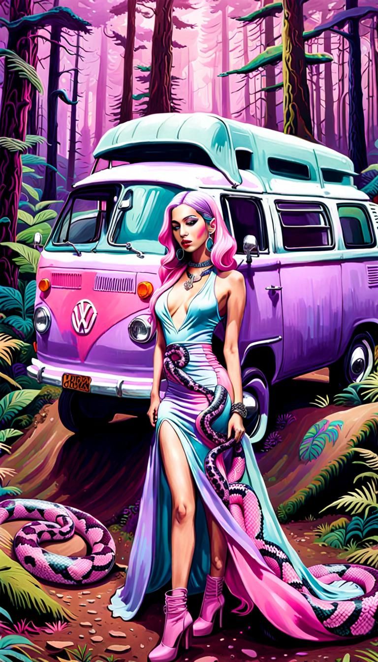 Pastel color palette of Ava Max twerk next a grafitti hippie VW van, with pastel python snake coiled around her neck and...