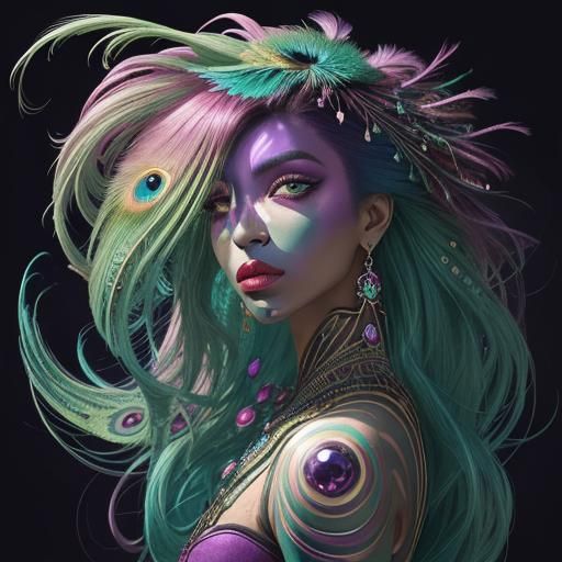 Peacock Woman Portrait in Mixed Media Style