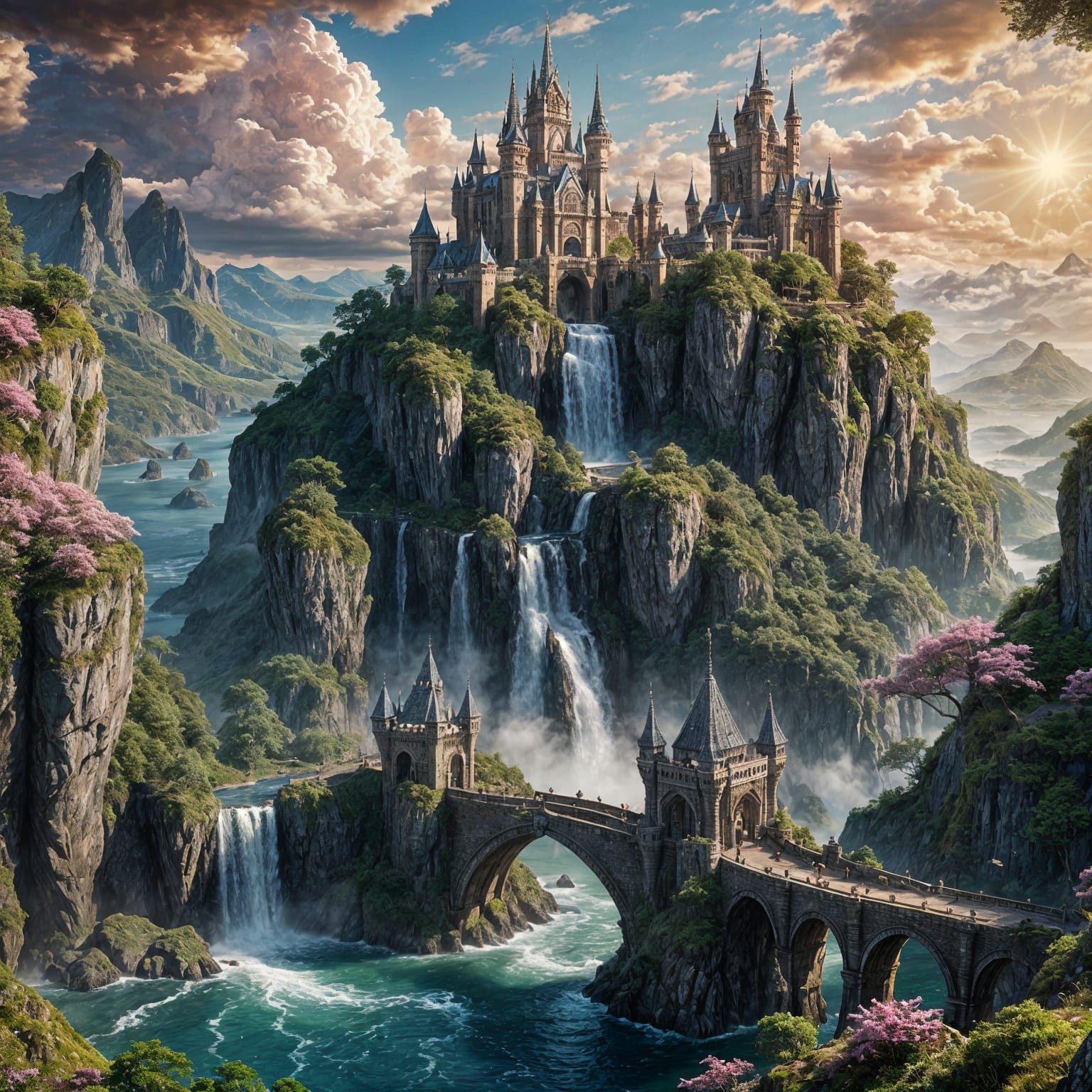 Elvish Fantasy Castle on Island with Ancient Bridge