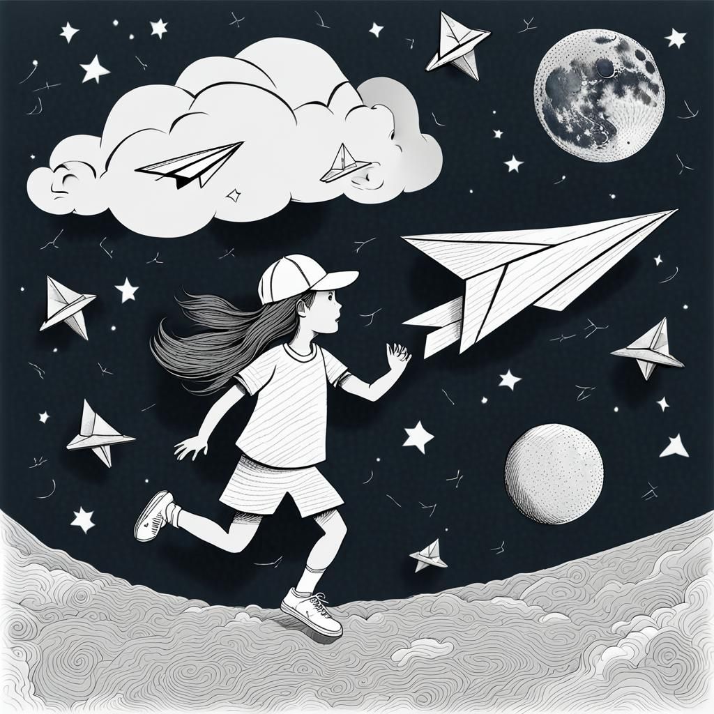 Paper Airplane's Lunar Journey in Hyperrealistic Style