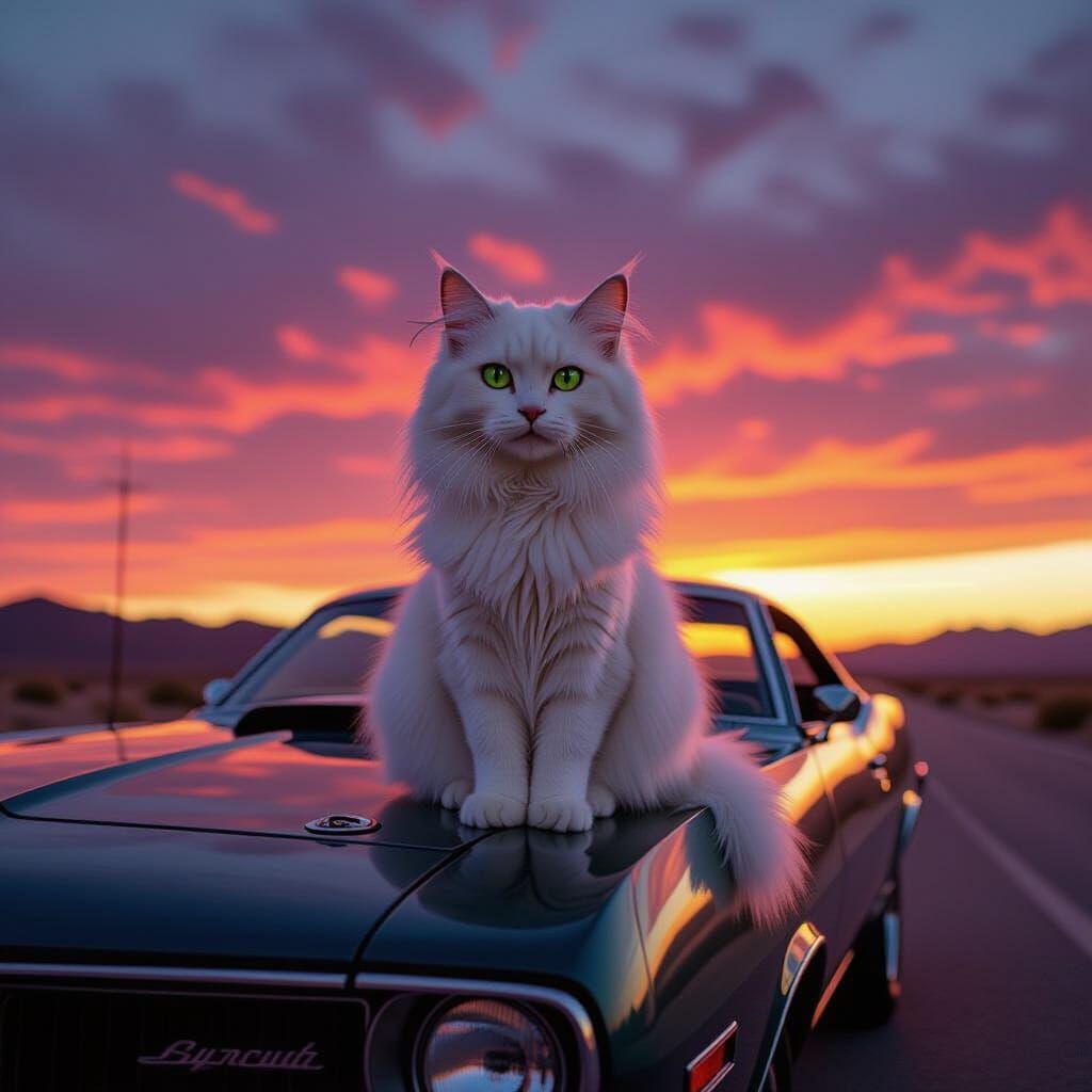 Regal Cat on 1970 Barracuda at Desert Sunset