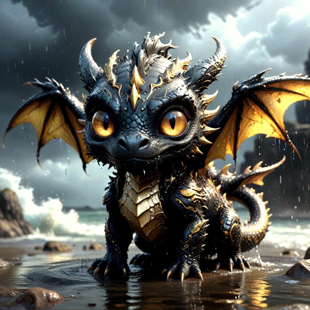Cute black and gold baby dragon