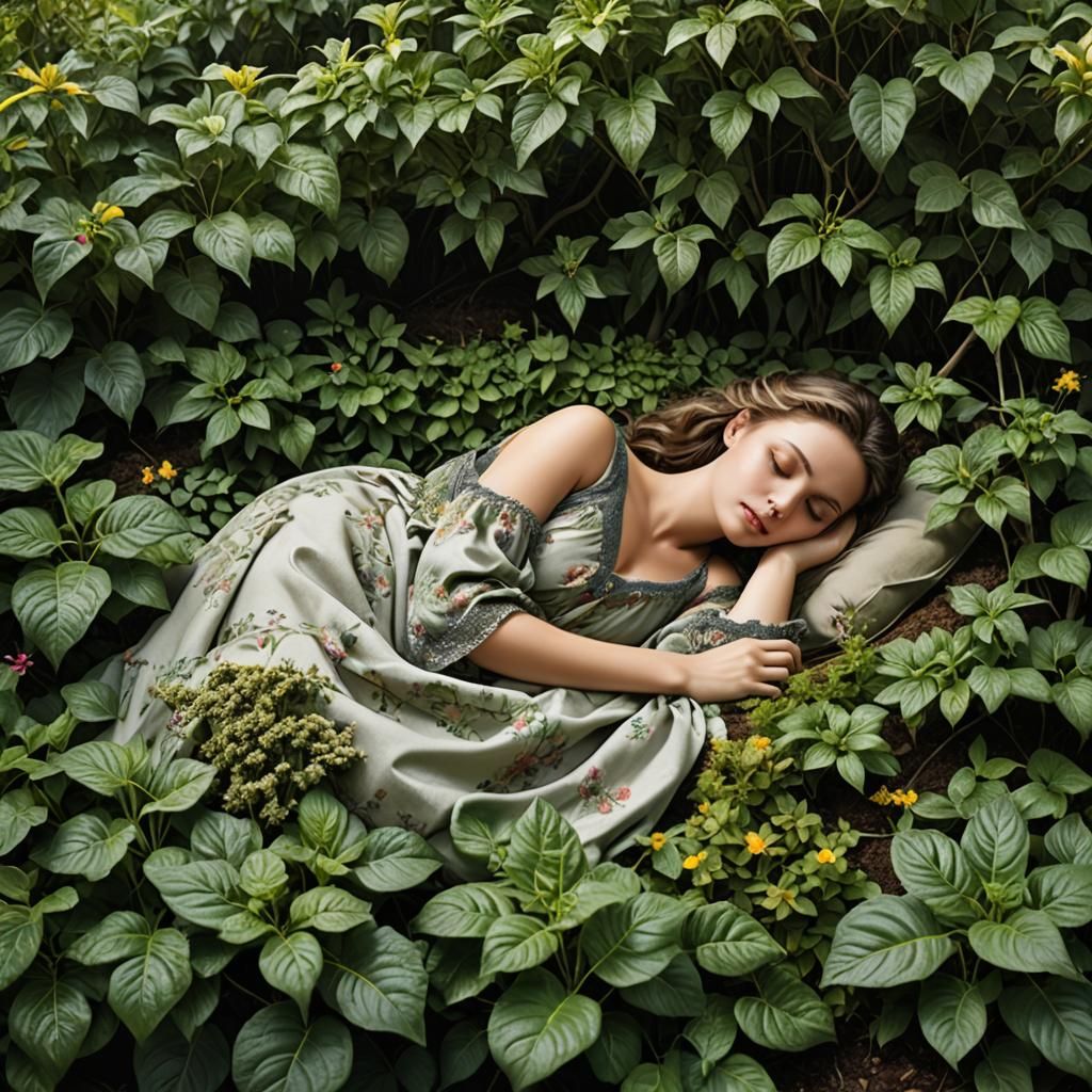 Natural Woman Sleeping in Garden: Hyperrealistic Image