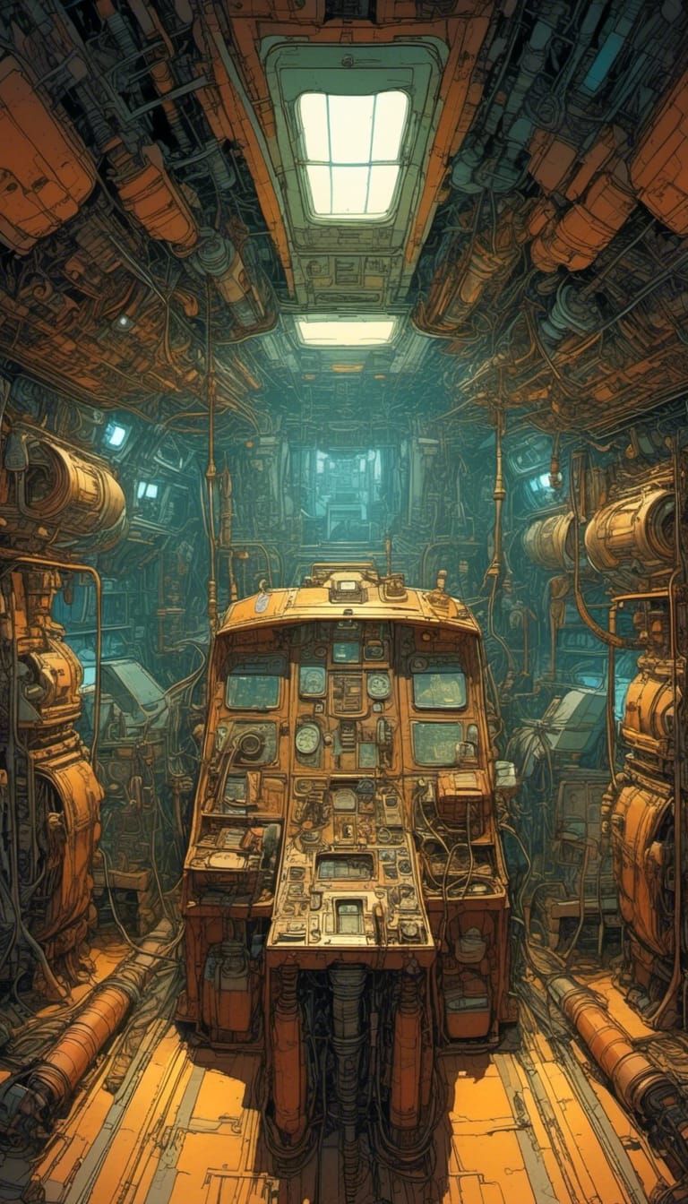 U-Boat Engine Room Illustration in Moebius Style