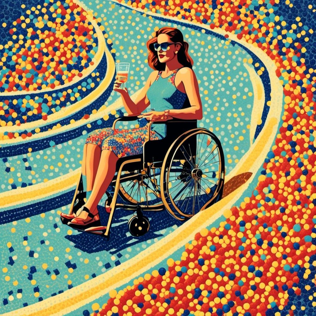Pointillist Woman on Waterslide in Wheelchair