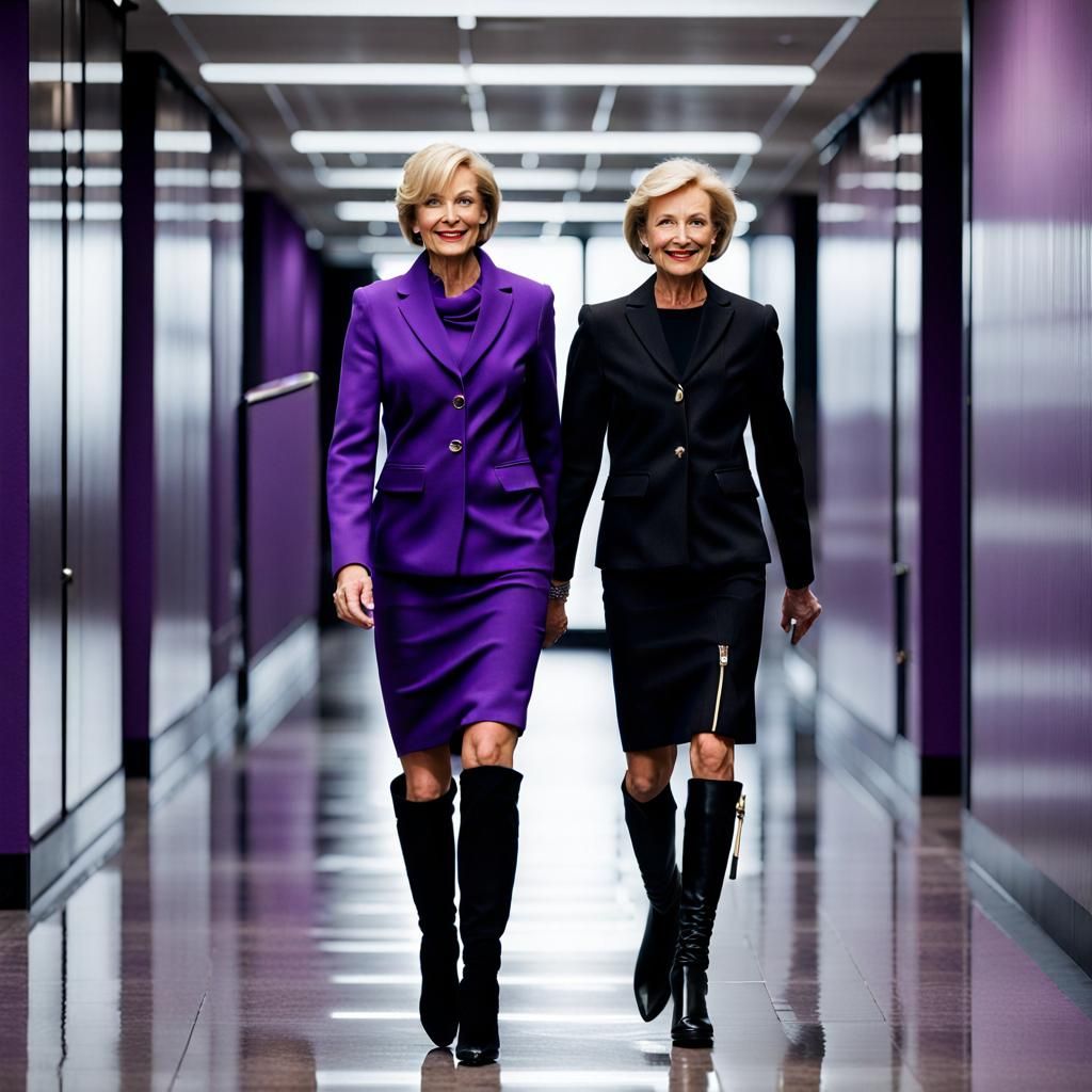 Businesswomen in Purple Suits in Metallic Hallway