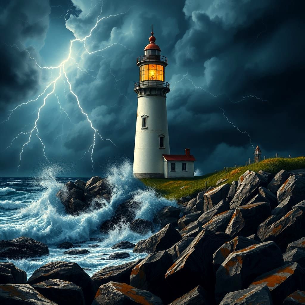 Lighthouse in Maine During Violent Storm