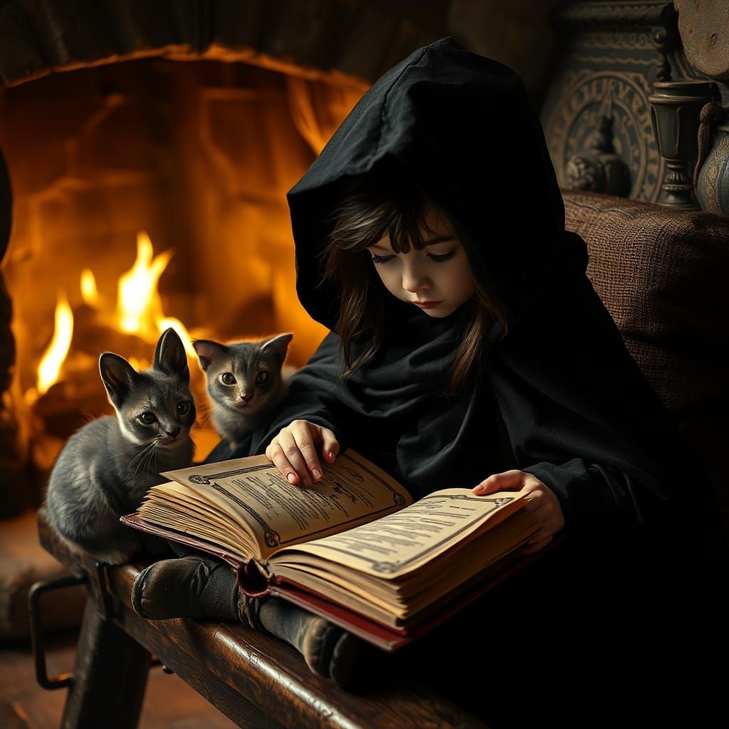 Enchanted Witchling Studies Ancient Spells by the Fire