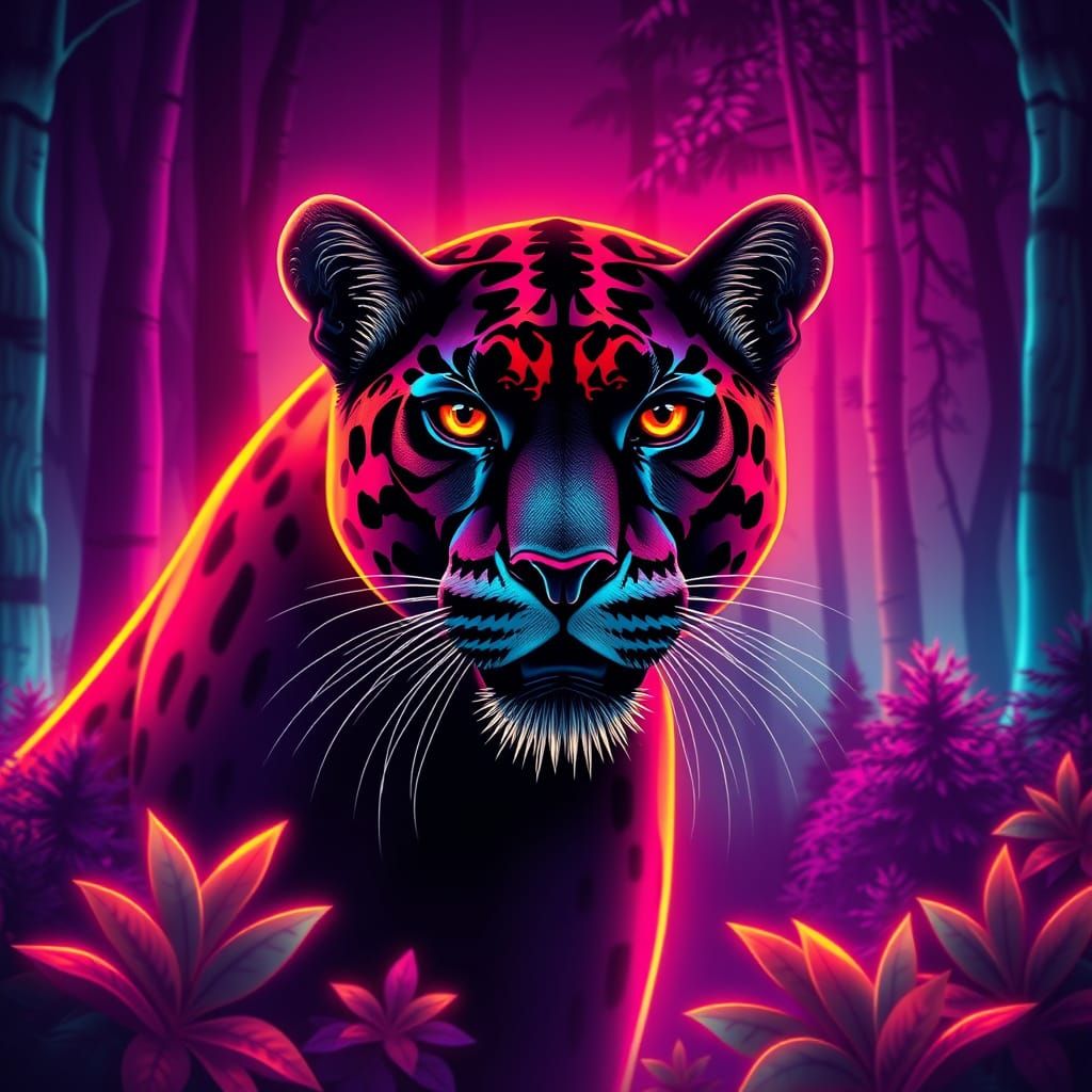 Neon Panther in a Vibrant Forest