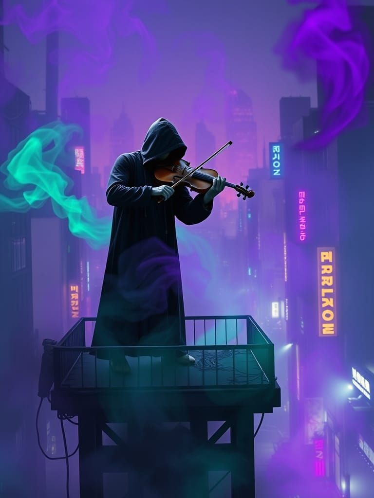 Cyberpunk Violinist in Neon-Lit Night City