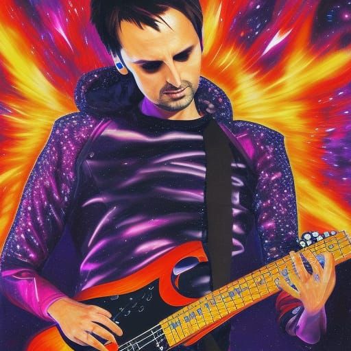 Cosmic Guitarist Portrait in Spacecore Style
