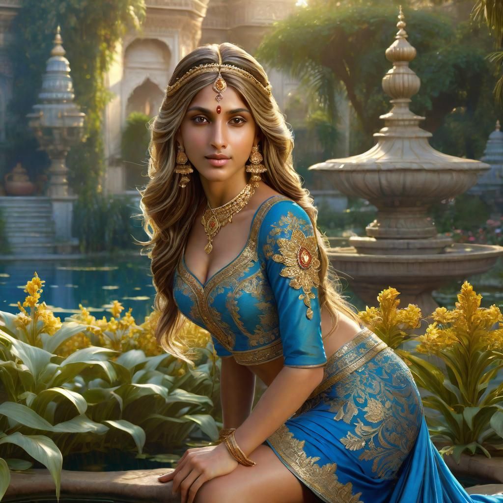 Indian Princess in Palace Garden, Detailed Matte Painting