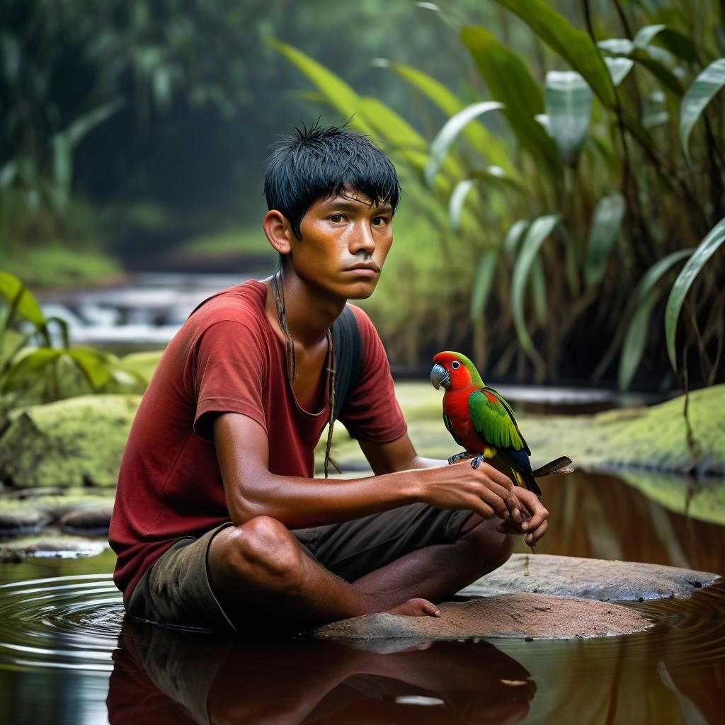 Guarani Boy with Parrot in Forest Stream
