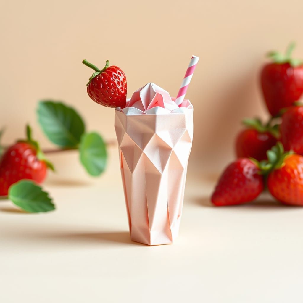 Origami Strawberry Milkshake in Miniature Style