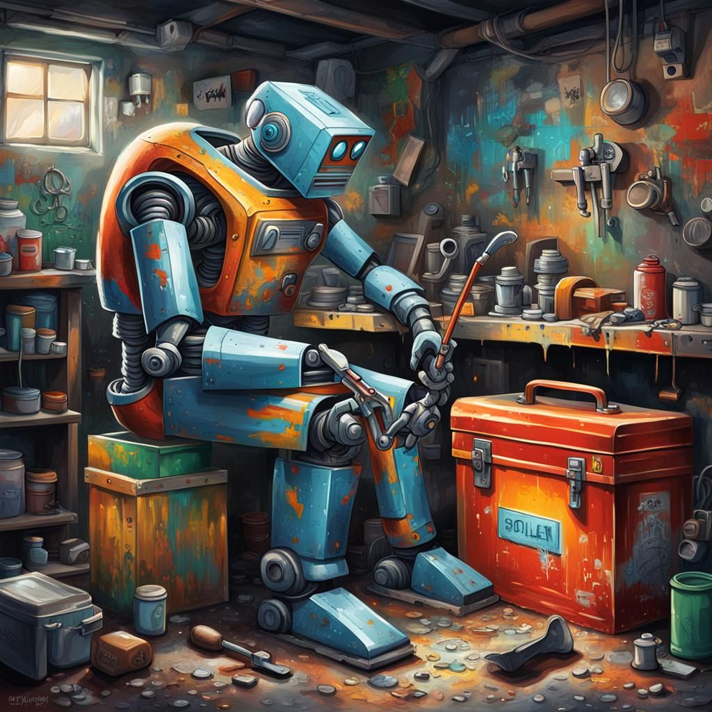 Robot Repairing Itself in Graffiti Garage, Epic 3D Render