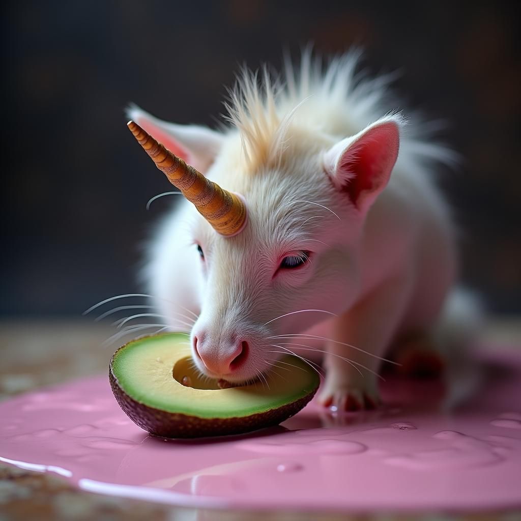 Dwarf Tabby Unicorn Grazing on Pink Avocado