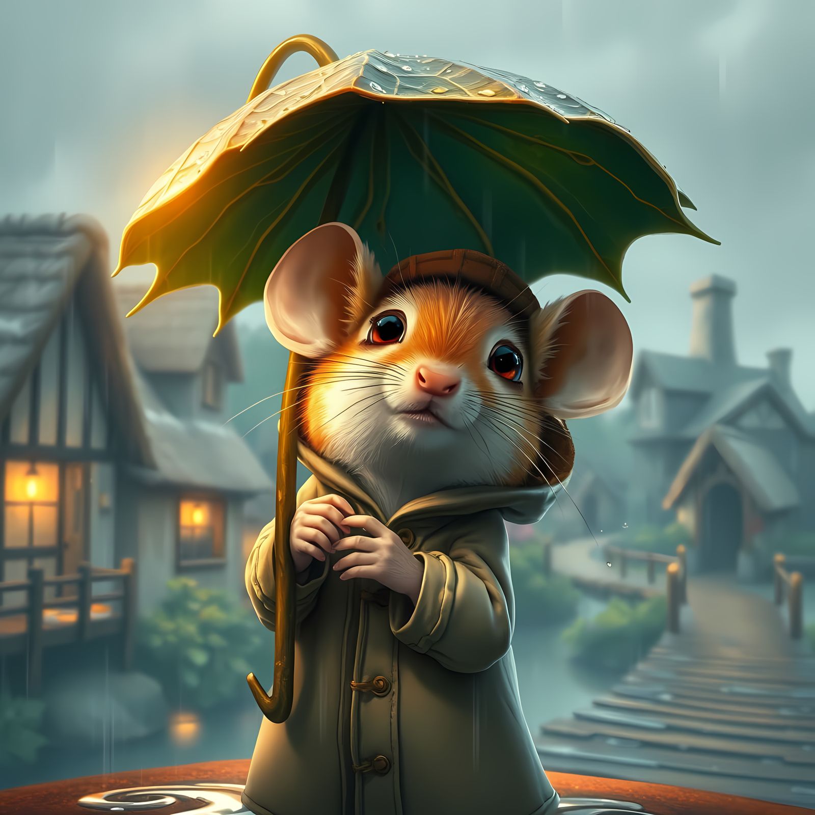 Whimsical Mouse Villager Embracing the Rainy Day