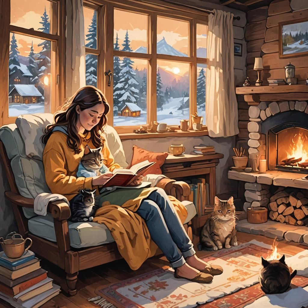 Cozy Storybook Scene with Mother and Daughter