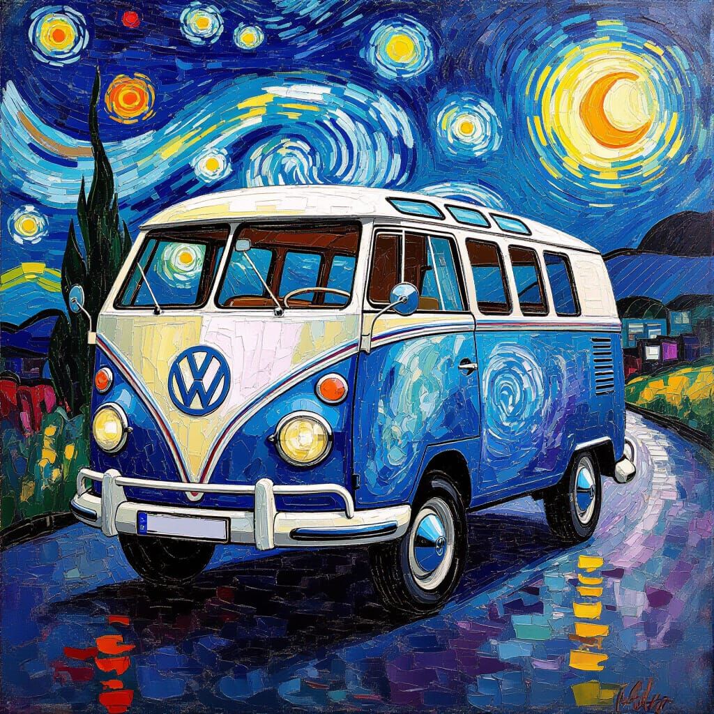 Vintage VW Van Painted in Van Gogh Impasto Style