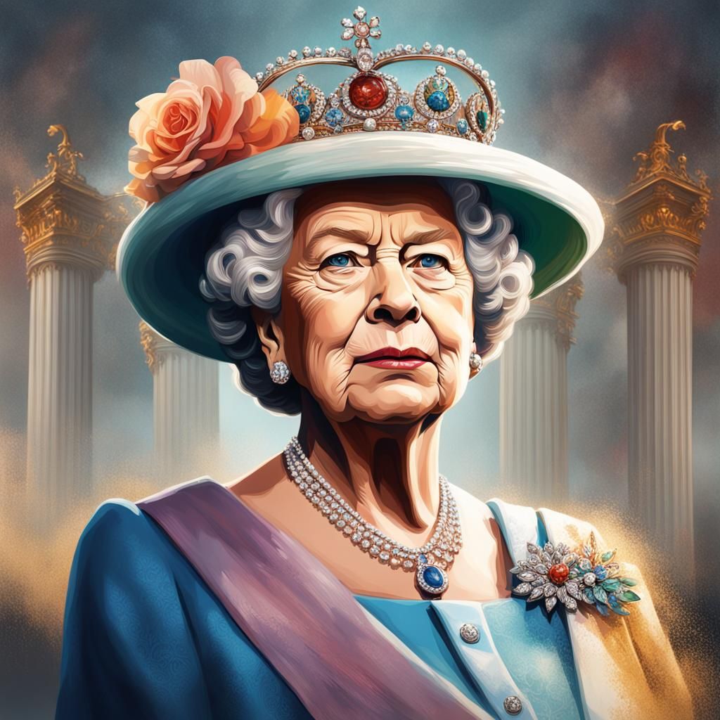 Hyperrealistic Portrait of Queen Elizabeth II in Splash Art
