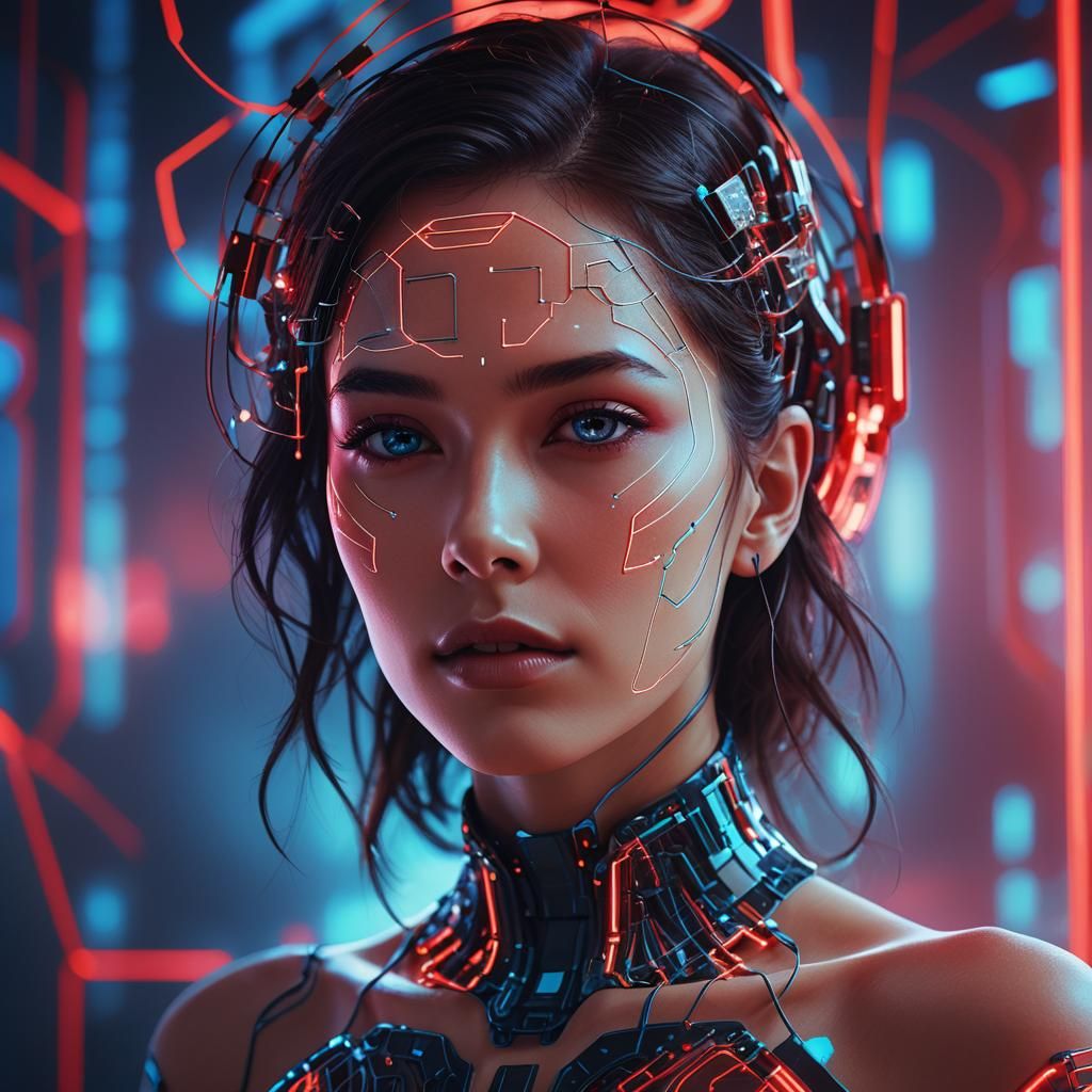 Mystical Woman with Circuitry in Neon Futuristic Design