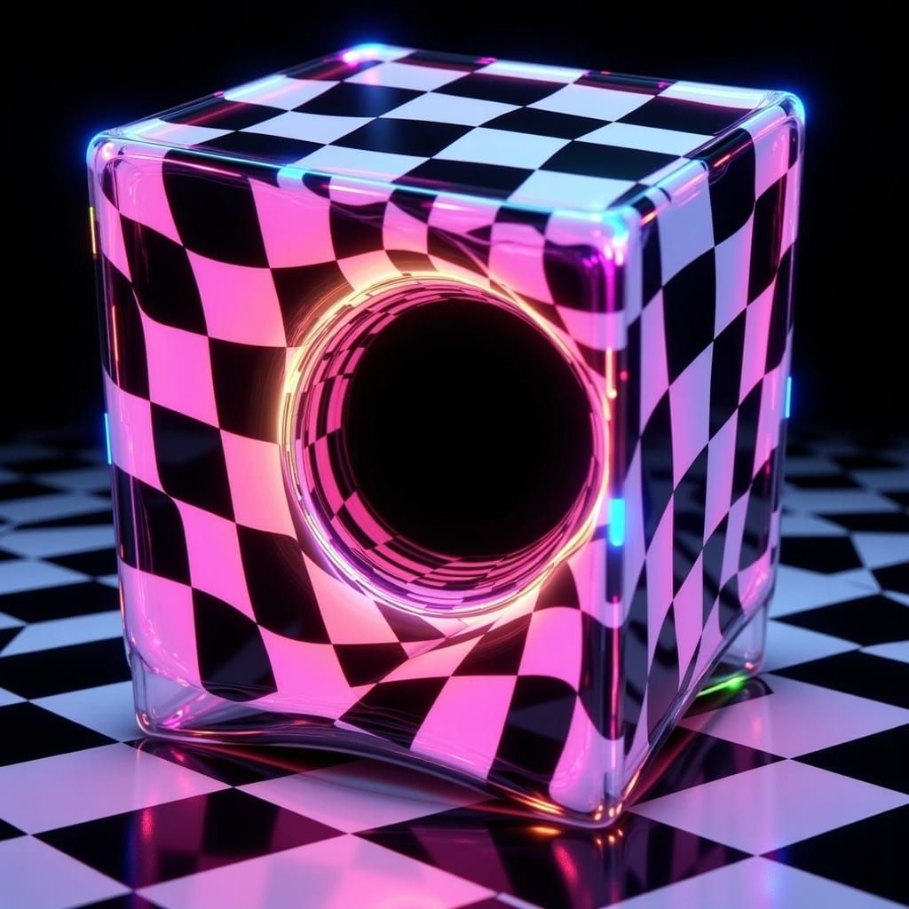 Neon Checkered Cube with Fairy in Black Hole