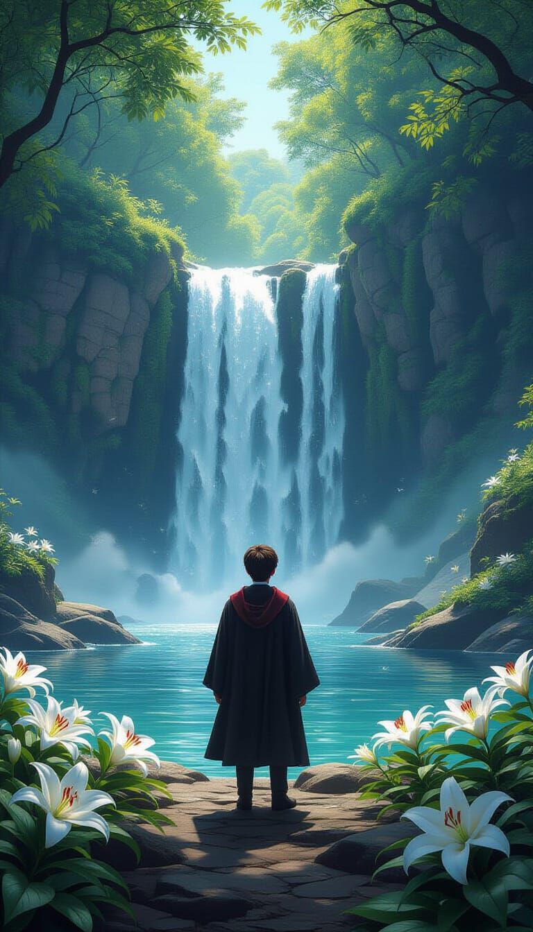 Harry Potter in Forest Waterfall Scene as 3D Render