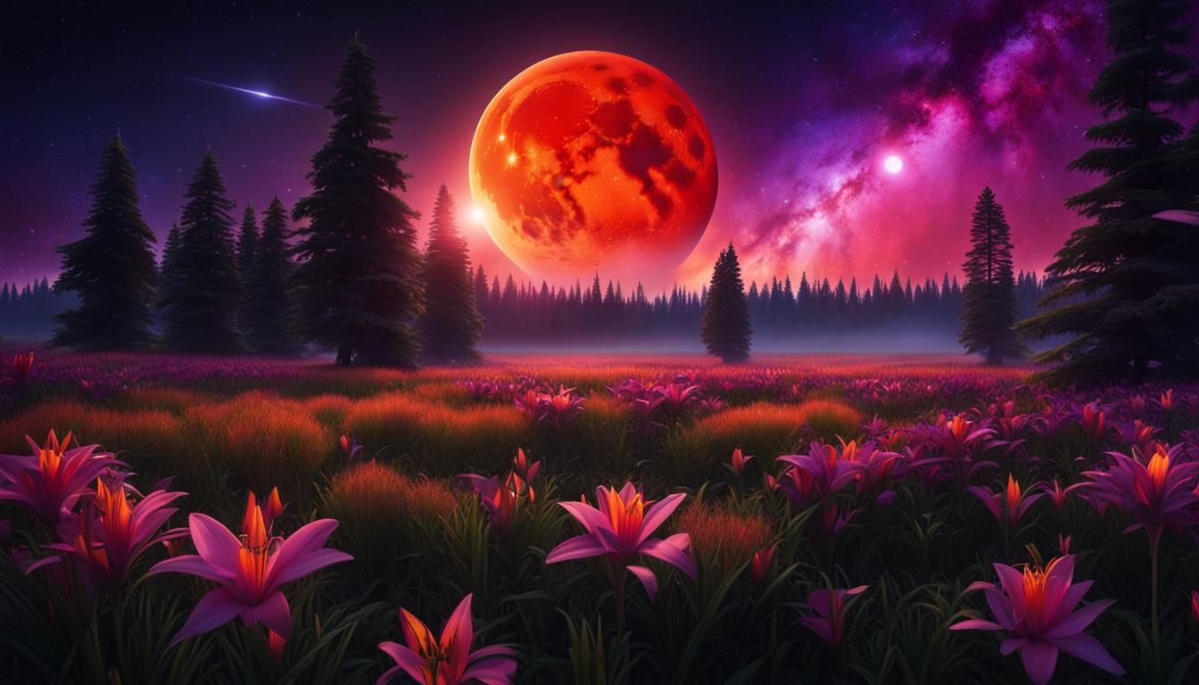 Hyperrealistic Red Moon Over Purple Lily Field