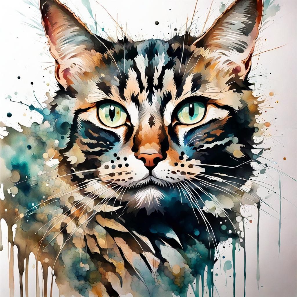 Adorable Cat Portrait in Inkblot Drawing Style
