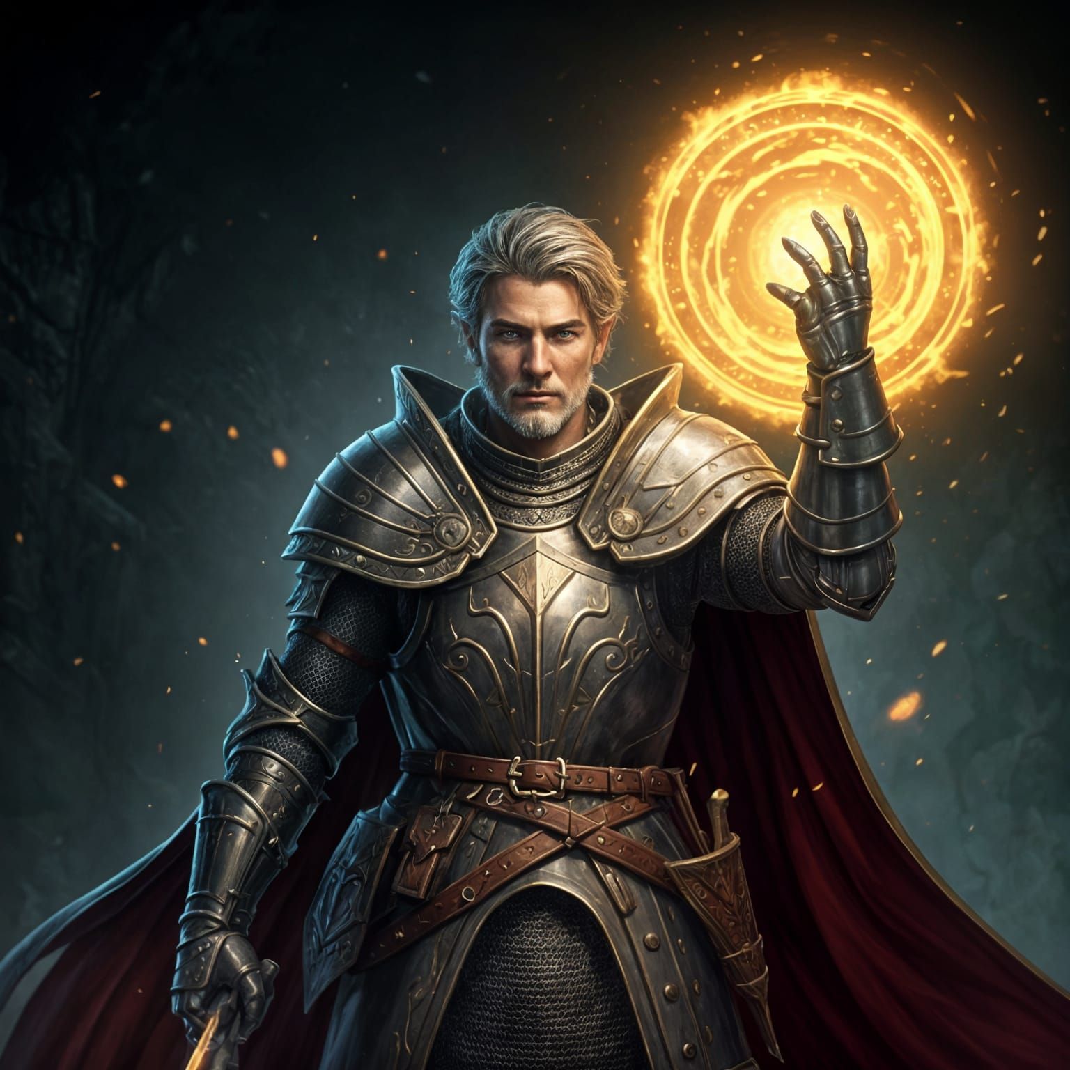 Epic Fantasy Scene with Knight, Mage, and Elf