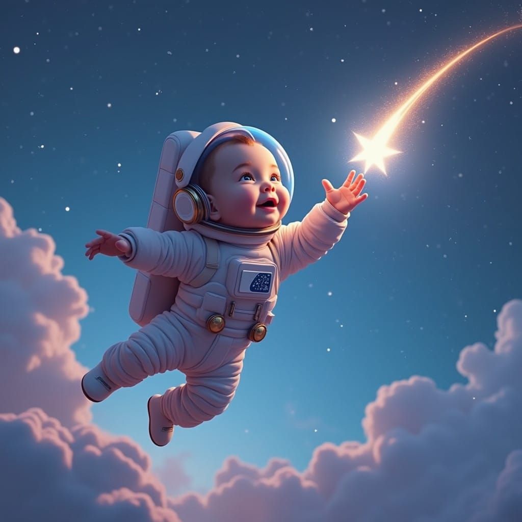 Baby Astronaut Catches Shooting Star Amidst Cosmic Vortex