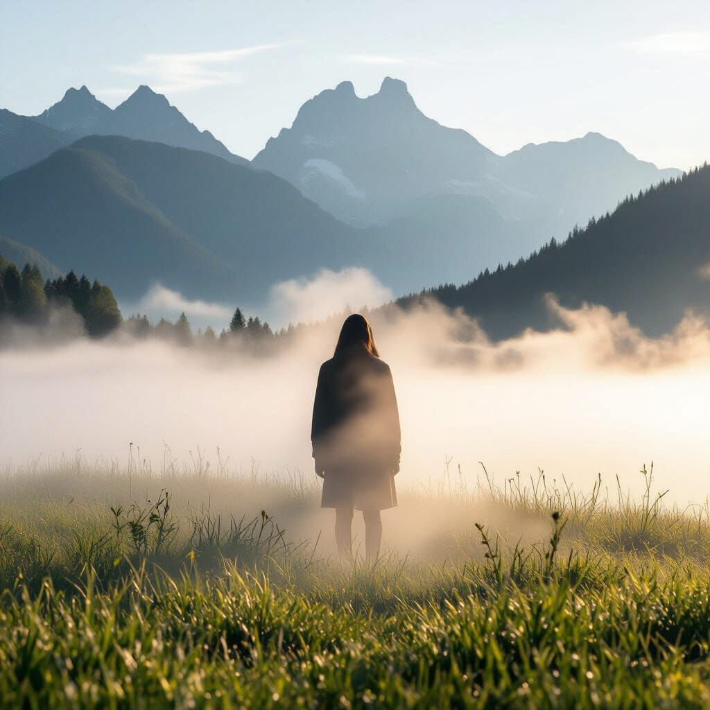 Misty Silhouette Figure Against Clear Mountain Landscape