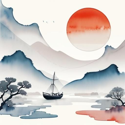 Lunar New Year: Minimalist Watercolor River Scene