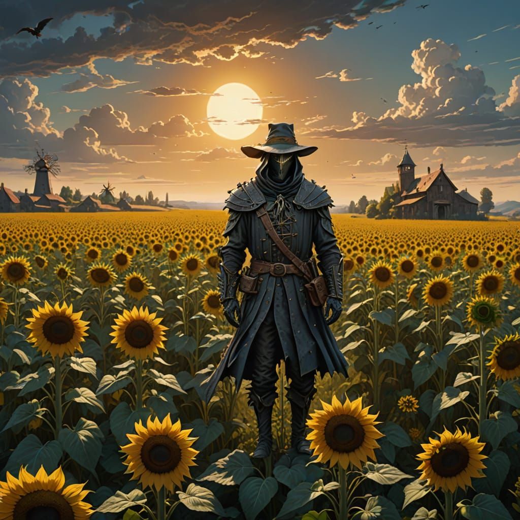 Scarecrow Guarding Sunflowers: Gothic Horror Landscape