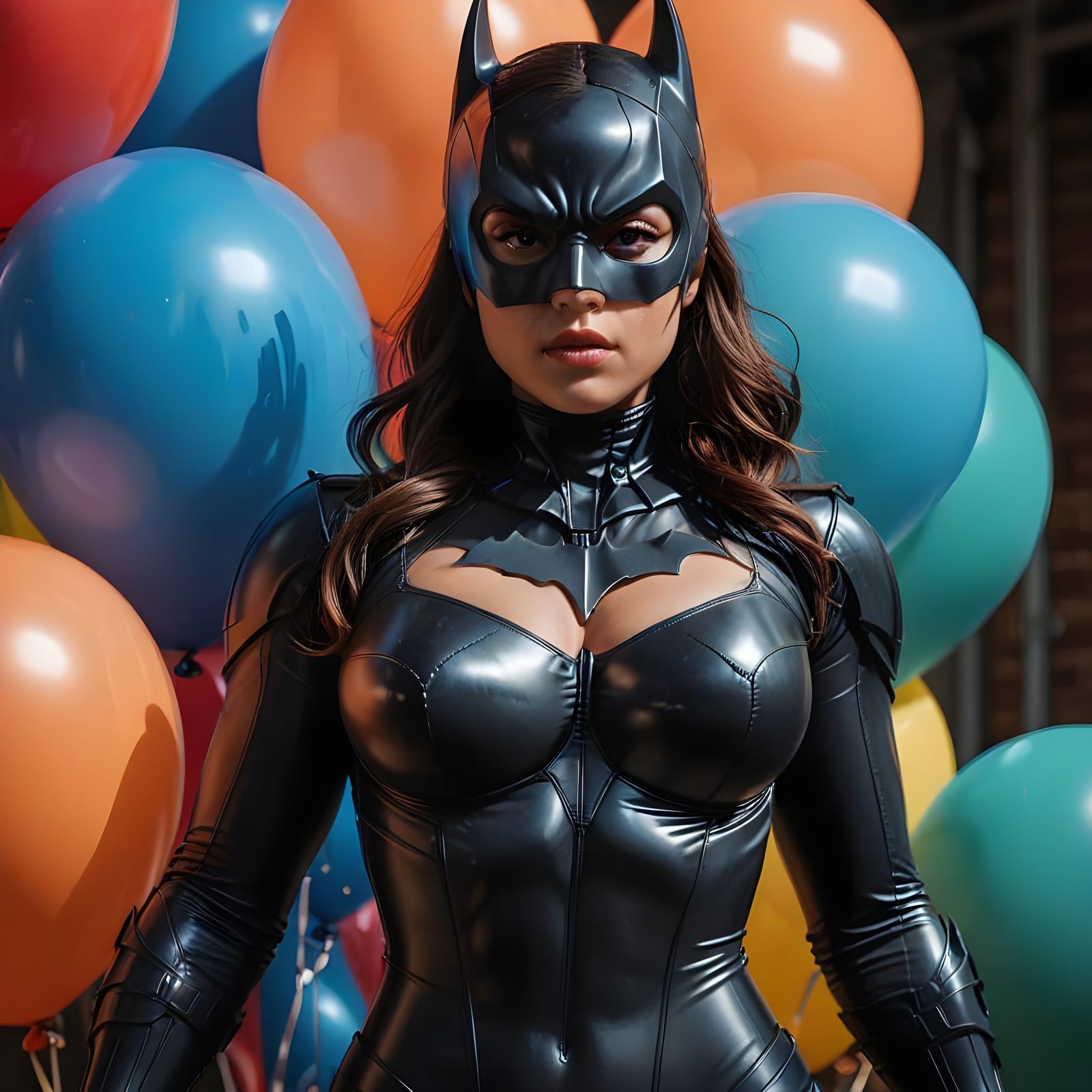 Curvy Korean Superheroine in Batman Suit Amidst Balloons