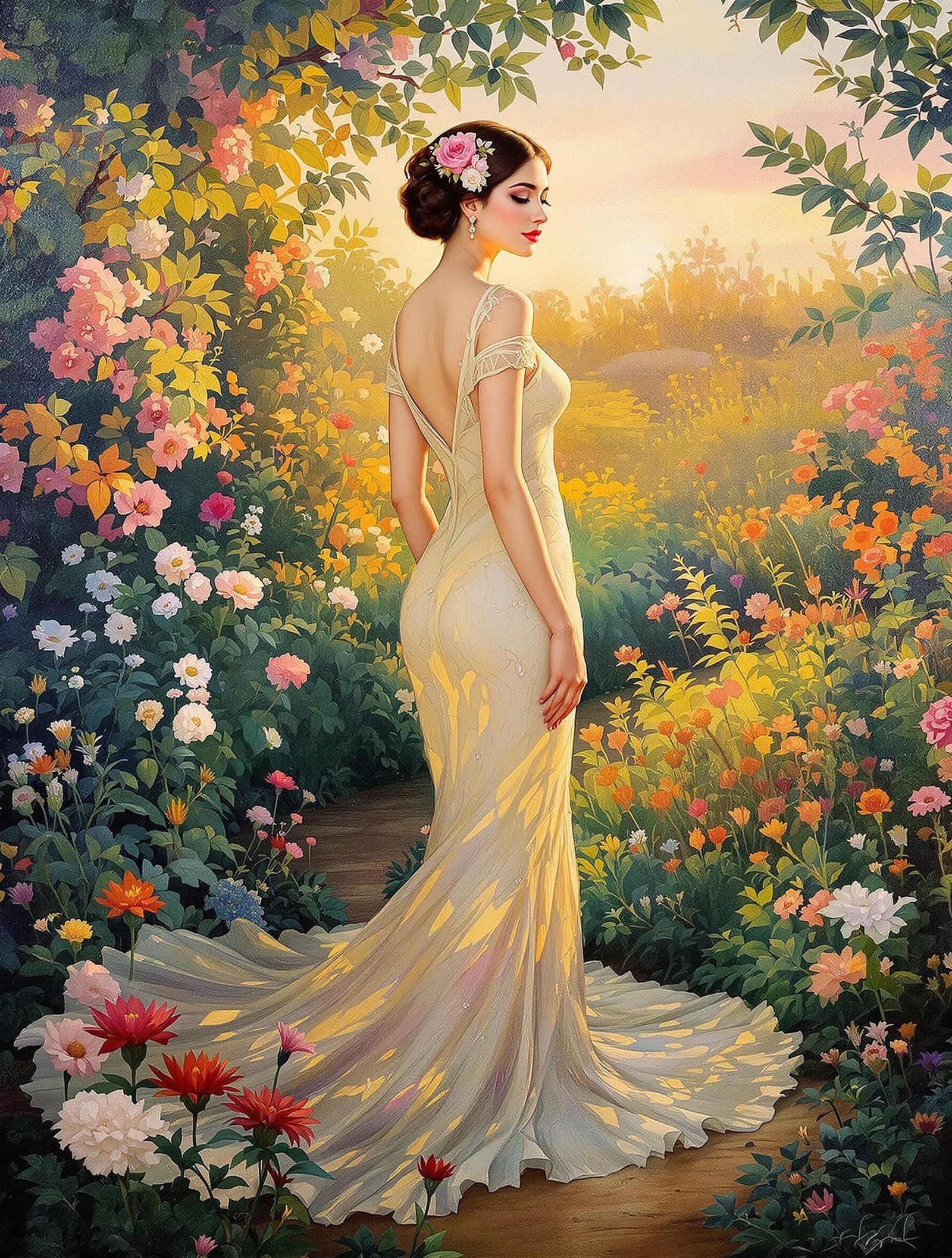 Muse in Garden: Art Nouveau Oil Painting