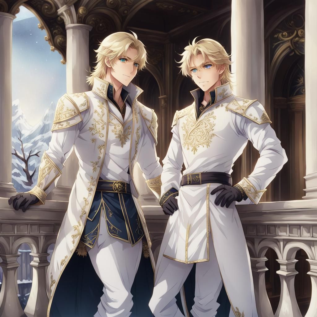 Two Blond Shifter Males Standing on Winter White Palace Balc...