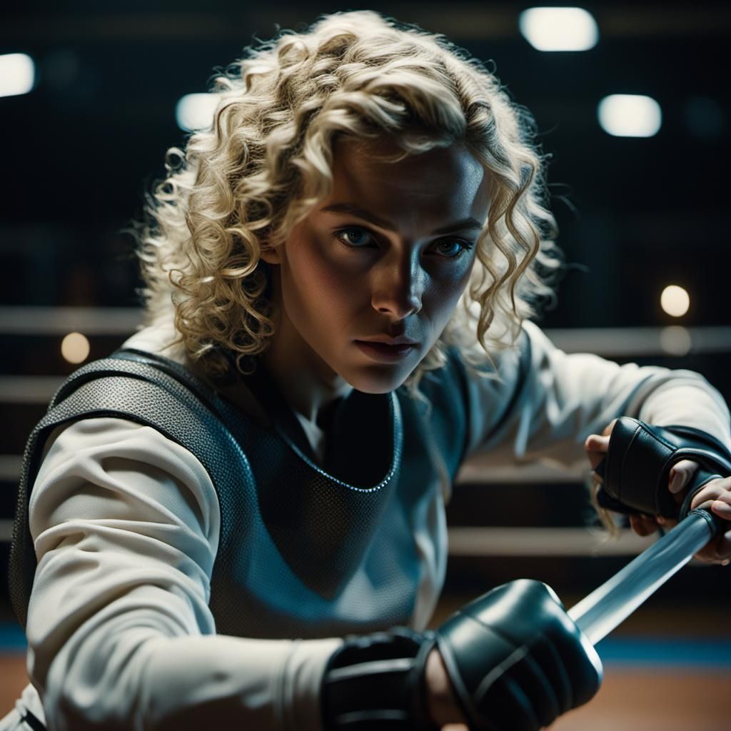 Young Fencer in Dimly Lit Sports Hall