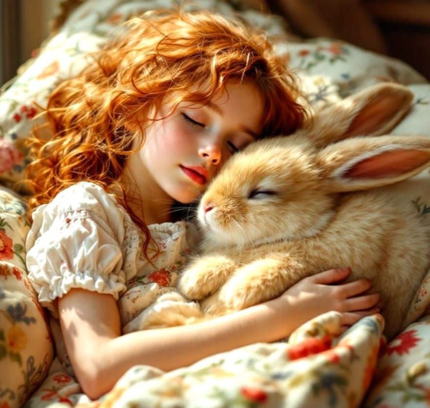 Girl and Bunny in Warm Impressionist Watercolour