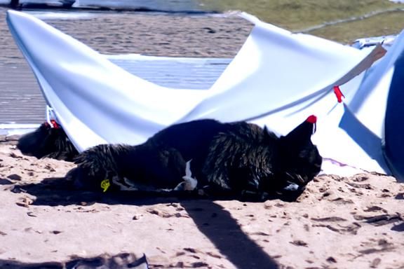 Cat Sunbathing on Beach with Amenities