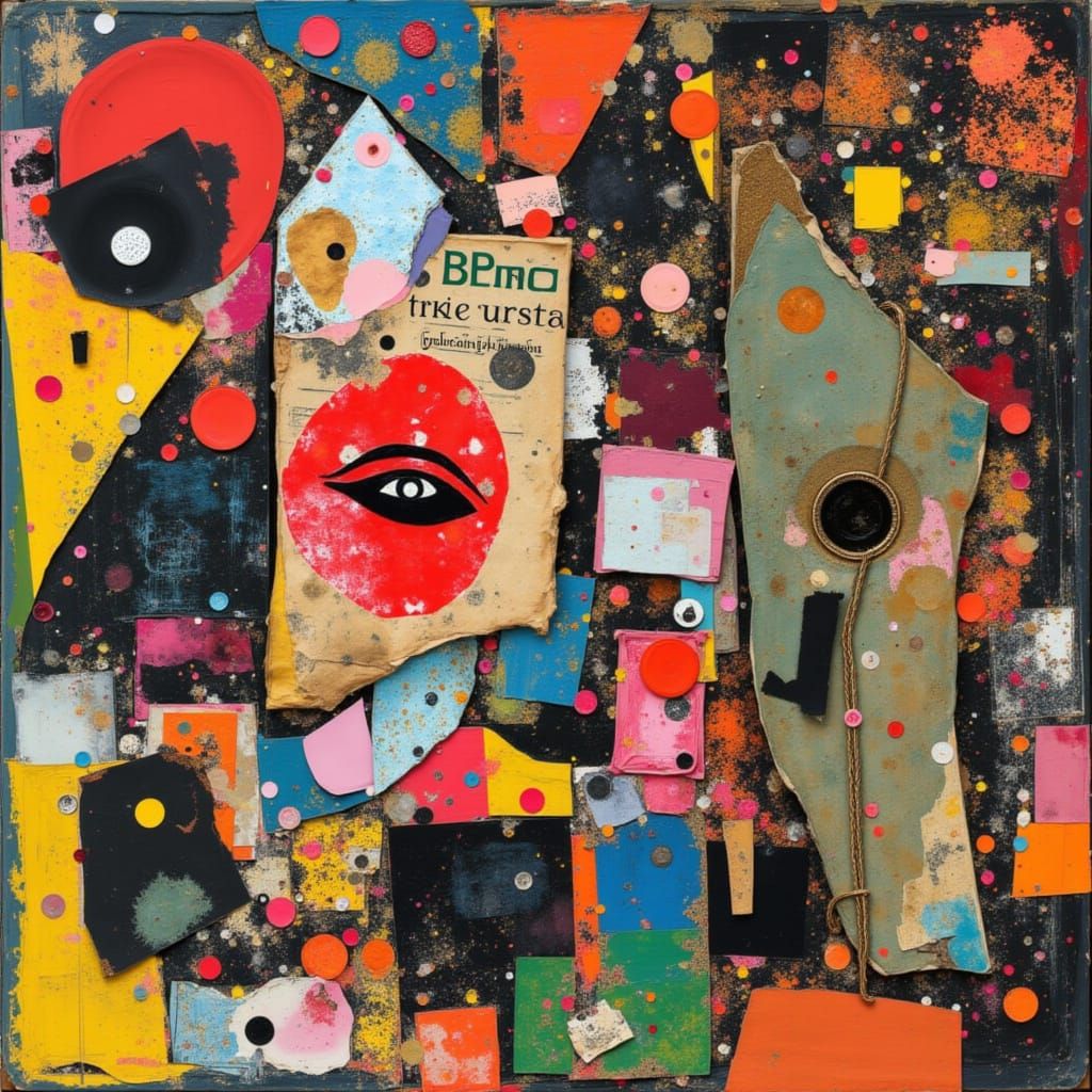 Vibrant Collage Art with Layered Textures and Shapes