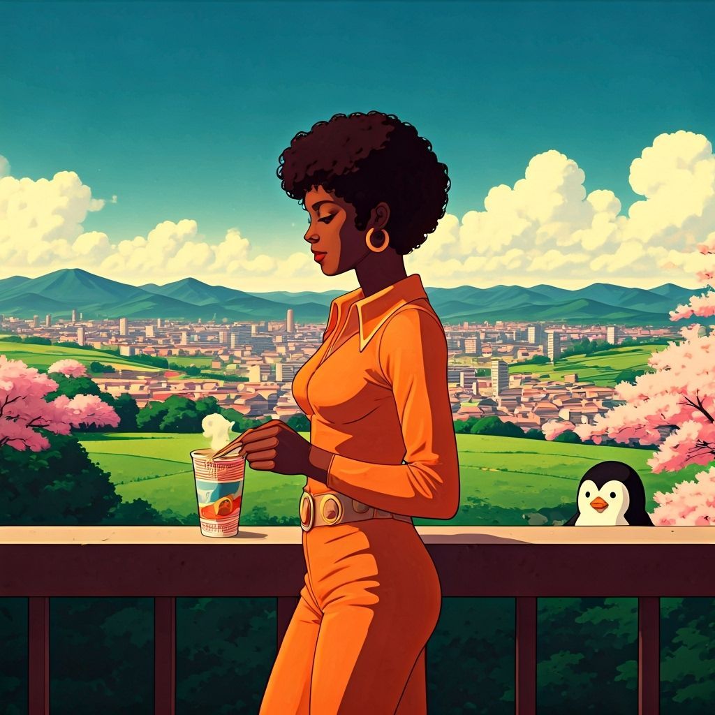 Disco Diva and Penguin Overlook Cel-Shaded Cityscape