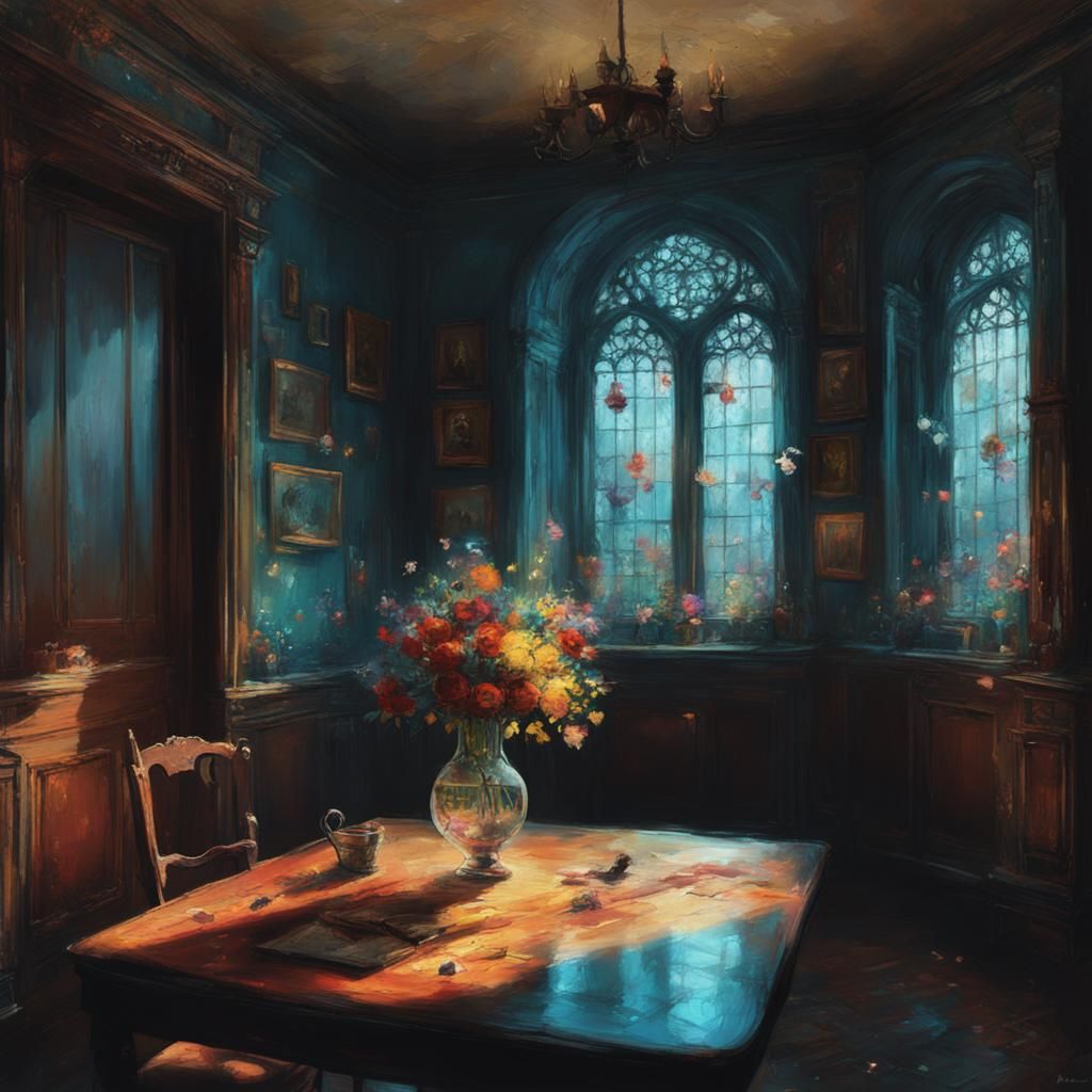 Gothic Room with Flowers: Digital Illustration