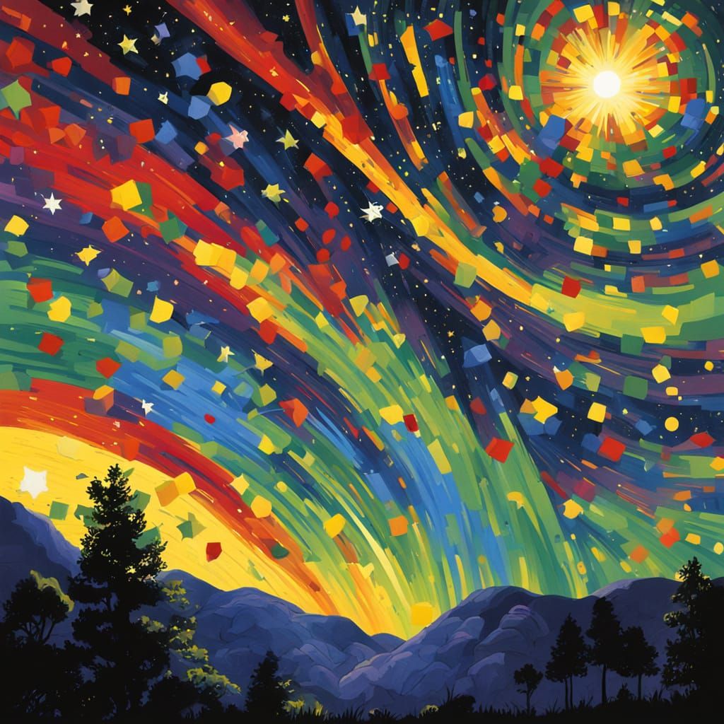 Vibrant Starry Night Landscape in Bold Colors