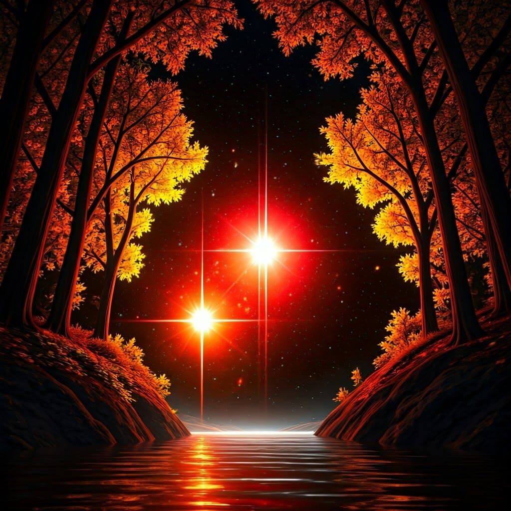 Cosmic Autumn Forest with Stained Glass Stars