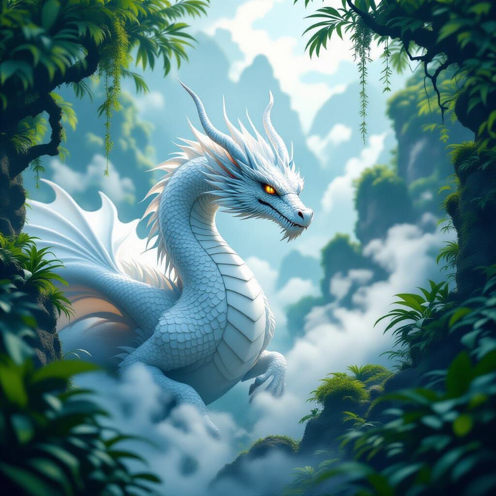 White Dragon Emerges from Mist in Matte Painting Style