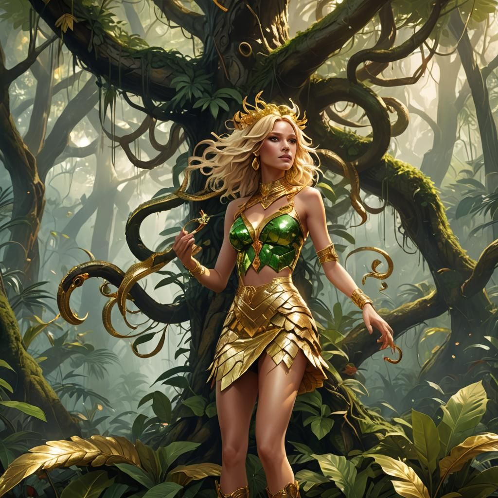 Luminous Rainforest Scene with Blonde Woman
