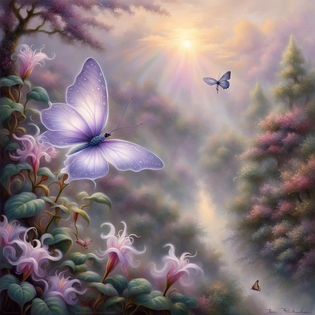 One honeysuckle flower with a tiny purple butterfly next to it.