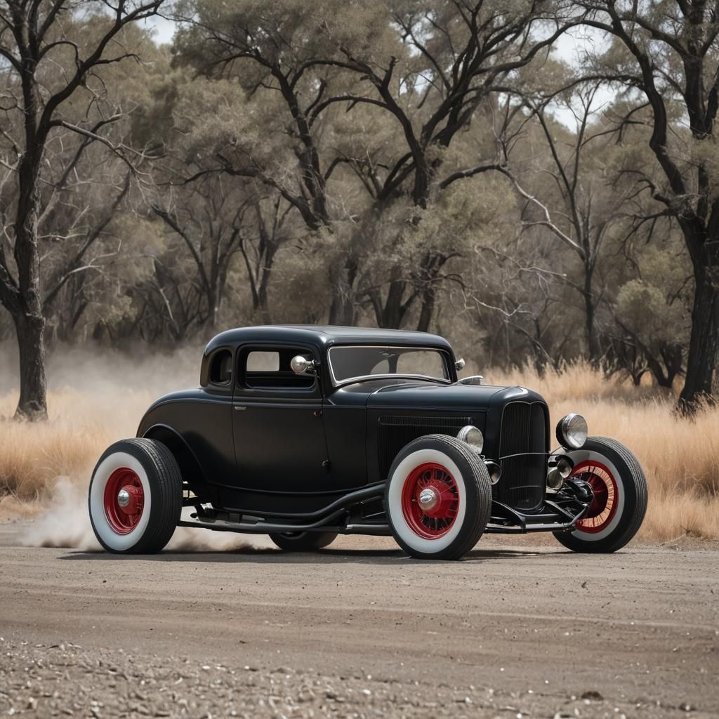 Flat Black 1932 Ford Coupe on Dirt Road